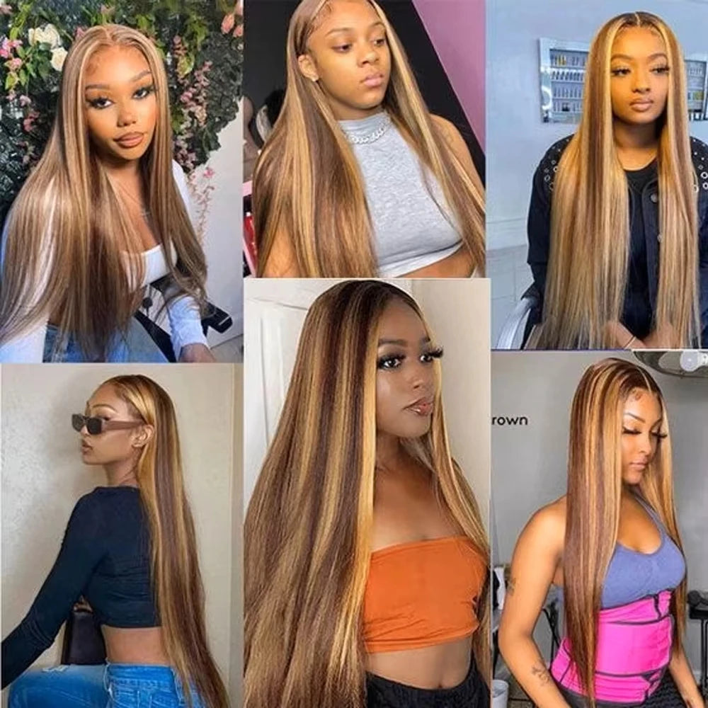 Bone Straight Honey Highlight 13x4 13x6 Lace Front Wig Remy
