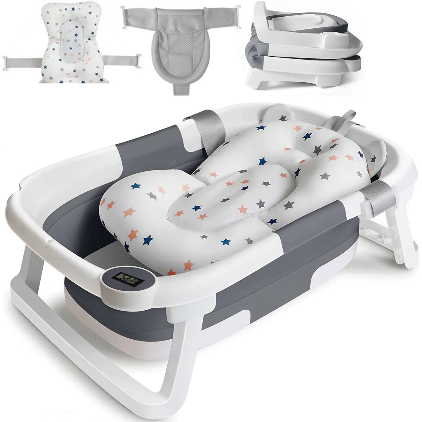 Foldable Baby Bathtub With Cushion Thermometer Shower Cap