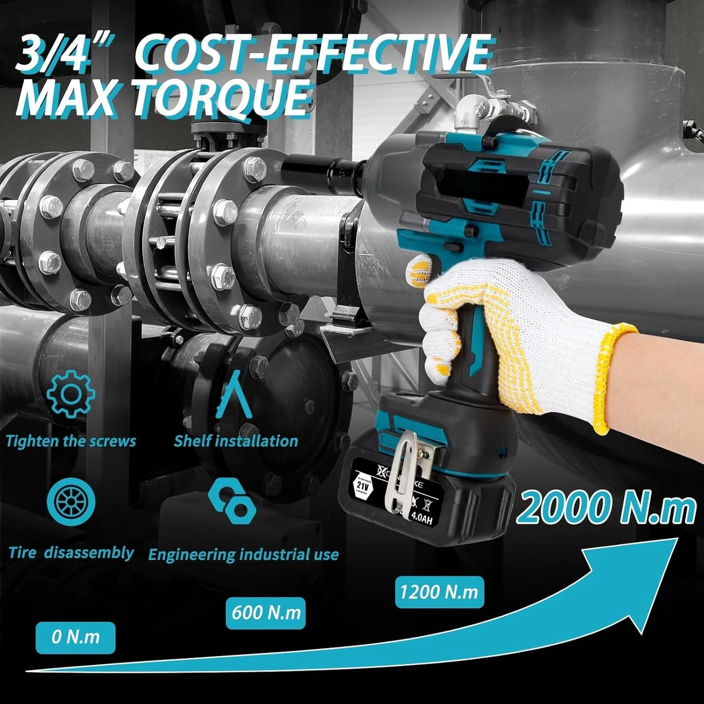 2000Nm Cordless Impact Wrench Three Quarter Inch 5500RPM