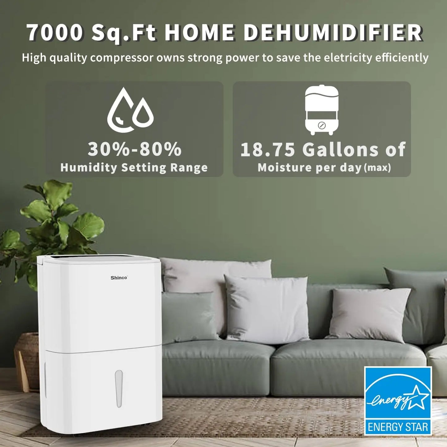 Shinco 150 Pint Energy Star Dehumidifier WiFi 7000 SqFt Pump