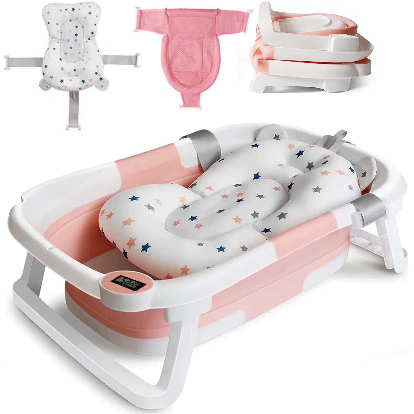 Foldable Baby Bathtub With Cushion Thermometer Shower Cap