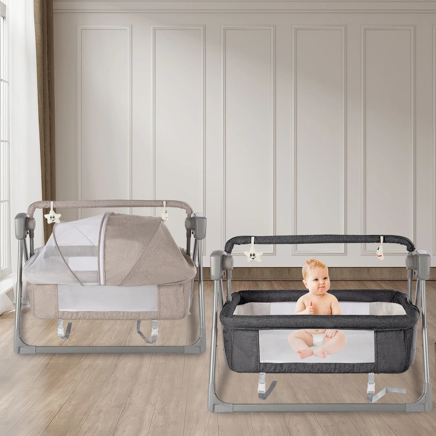 Gray Khaki Electric Baby Swing Bed With Automatic Rocking