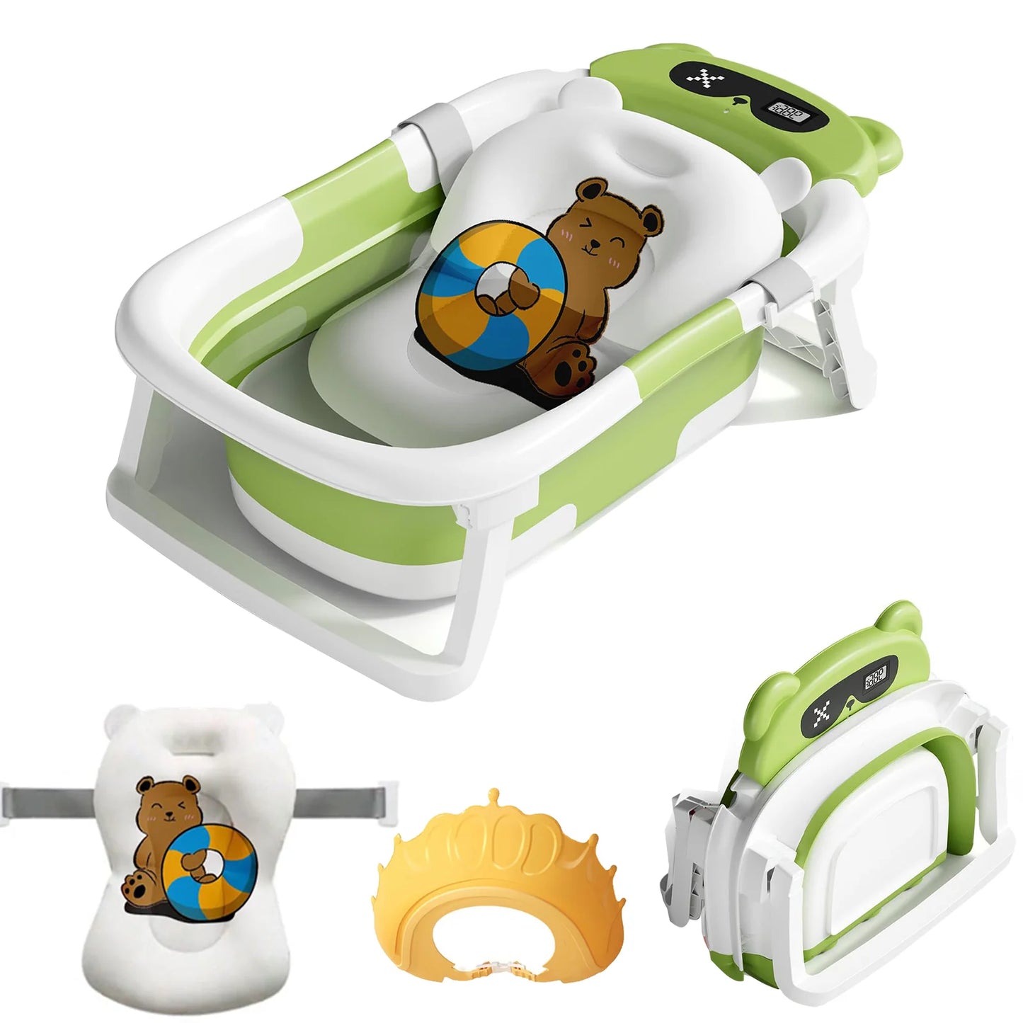 Foldable Baby Bathtub With Cushion Thermometer Shower Cap