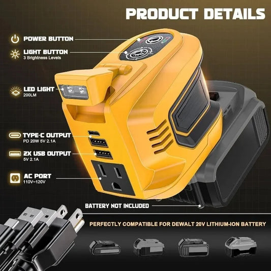Portable 200W Power Inverter For Dewalt 20V Battery DC To AC