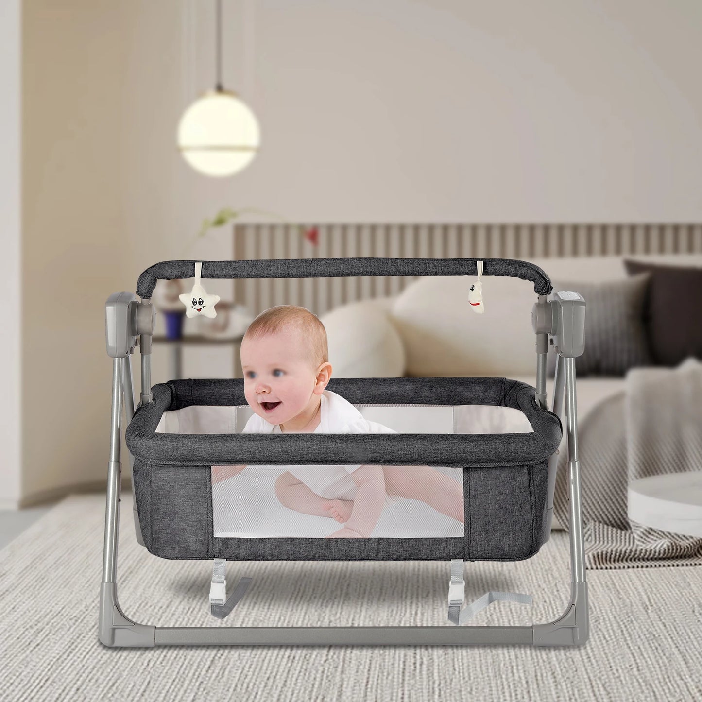 Gray Khaki Electric Baby Swing Bed With Automatic Rocking