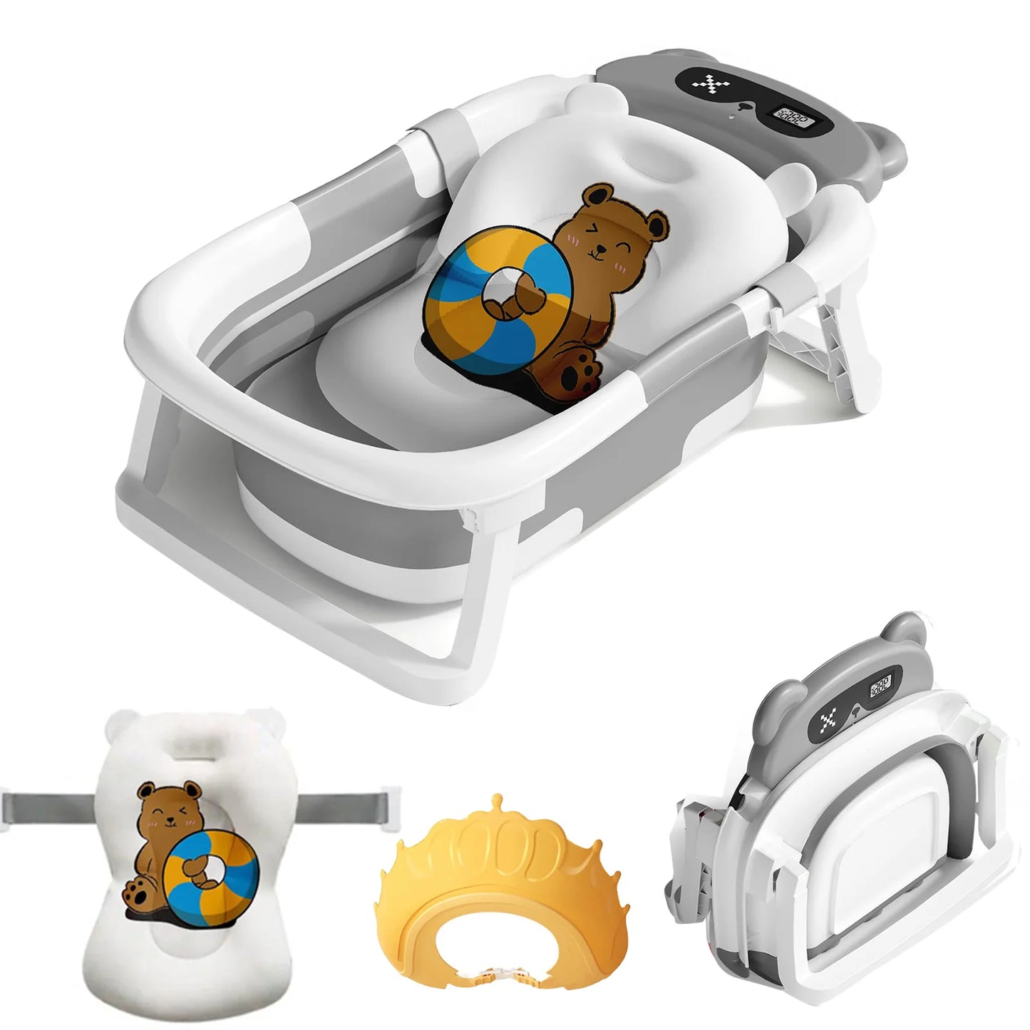 Foldable Baby Bathtub With Cushion Thermometer Shower Cap
