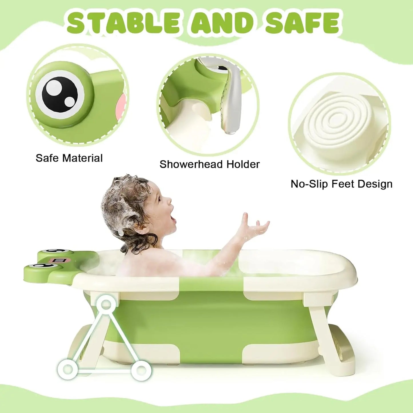 Foldable Baby Bathtub With Cushion Thermometer Shower Cap
