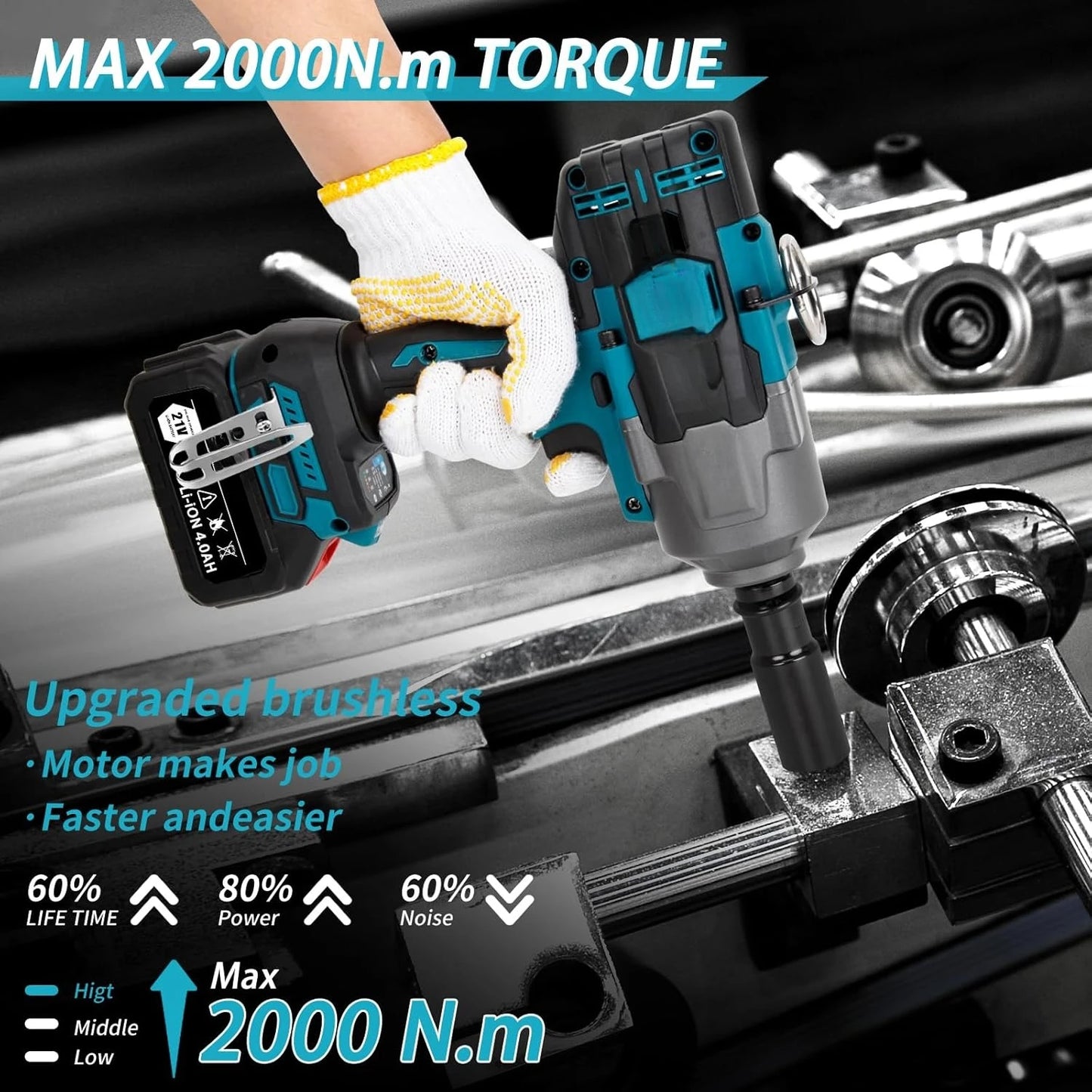 2000Nm Cordless Impact Wrench Three Quarter Inch 5500RPM