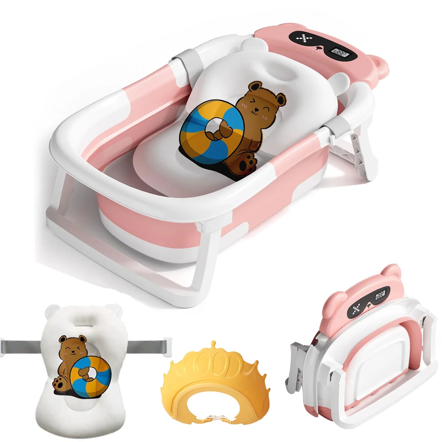 Foldable Baby Bathtub With Cushion Thermometer Shower Cap